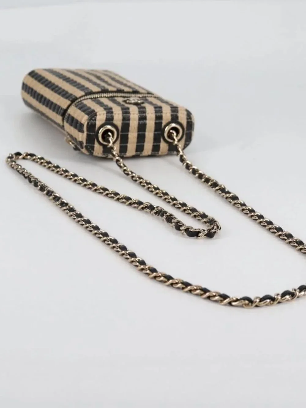 CHANEL Chain Phone Case Raffia Beige Gold CC Auth 140901SAM